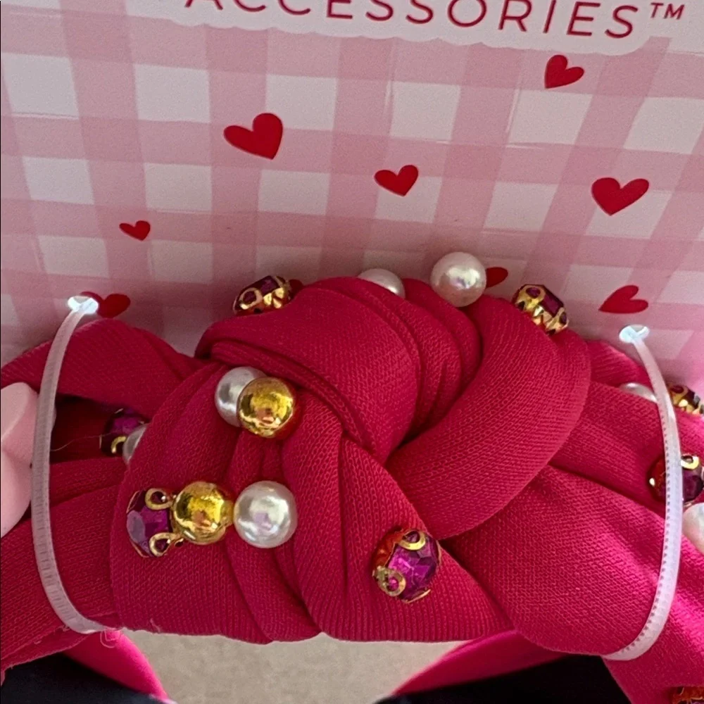 Hot pink Headband with faux candy Hearts, pearls, and rhinestone Accents